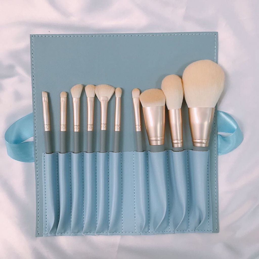 Bộ Cọ Trang Điểm Cá Nhân Nhập Xịn 10 Cây Kèm Bao Da Xanh Pastel Đậm Đủ Chức Năng