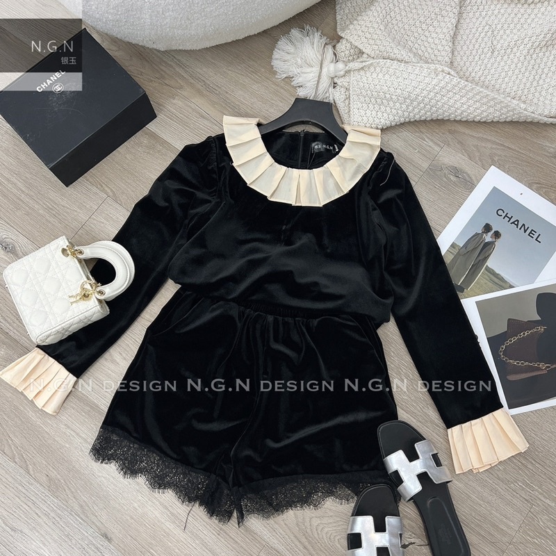 Sét nhung dài tay cổ be