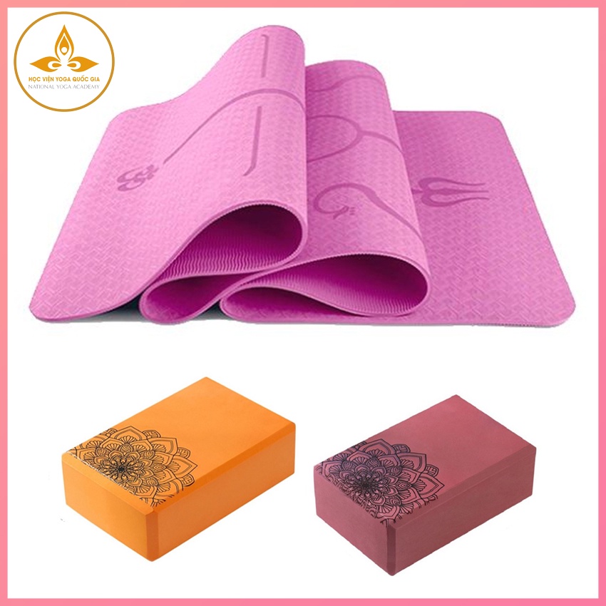 Combo Thảm yoga 1 lớp chống thấm nước không mùi kèm 2 viên gạch yoga hoa văn hỗ trợ luyện tập tại nhà