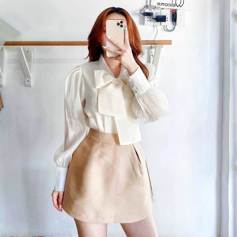 Set Áo Nơ Cổ Tơ Kèm Chân Váy Có Lót Chất Đẹp - Ảnh Thật