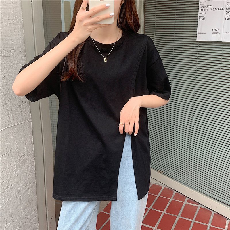 A037 Áo thun không cổ nữ xẻ tà Phông lệch vạt form rộngđen trắng xanh trẻ trung đi học năng động đi chơi  cộc ngắn tay