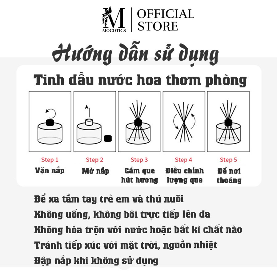 Tinh Dầu Thơm Phòng Trang Trí Hoa Khô Mocotics Tự Khuếch Tán Khử Mùi 55ML - Tặng Cây Hoa Khô và Que Gỗ Mây Khuếch Tán