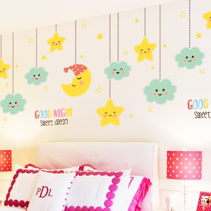 Decal trang trí phòng ngủ cho bé dán tường chúc bé ngủ ngon kích thước 113x78cm