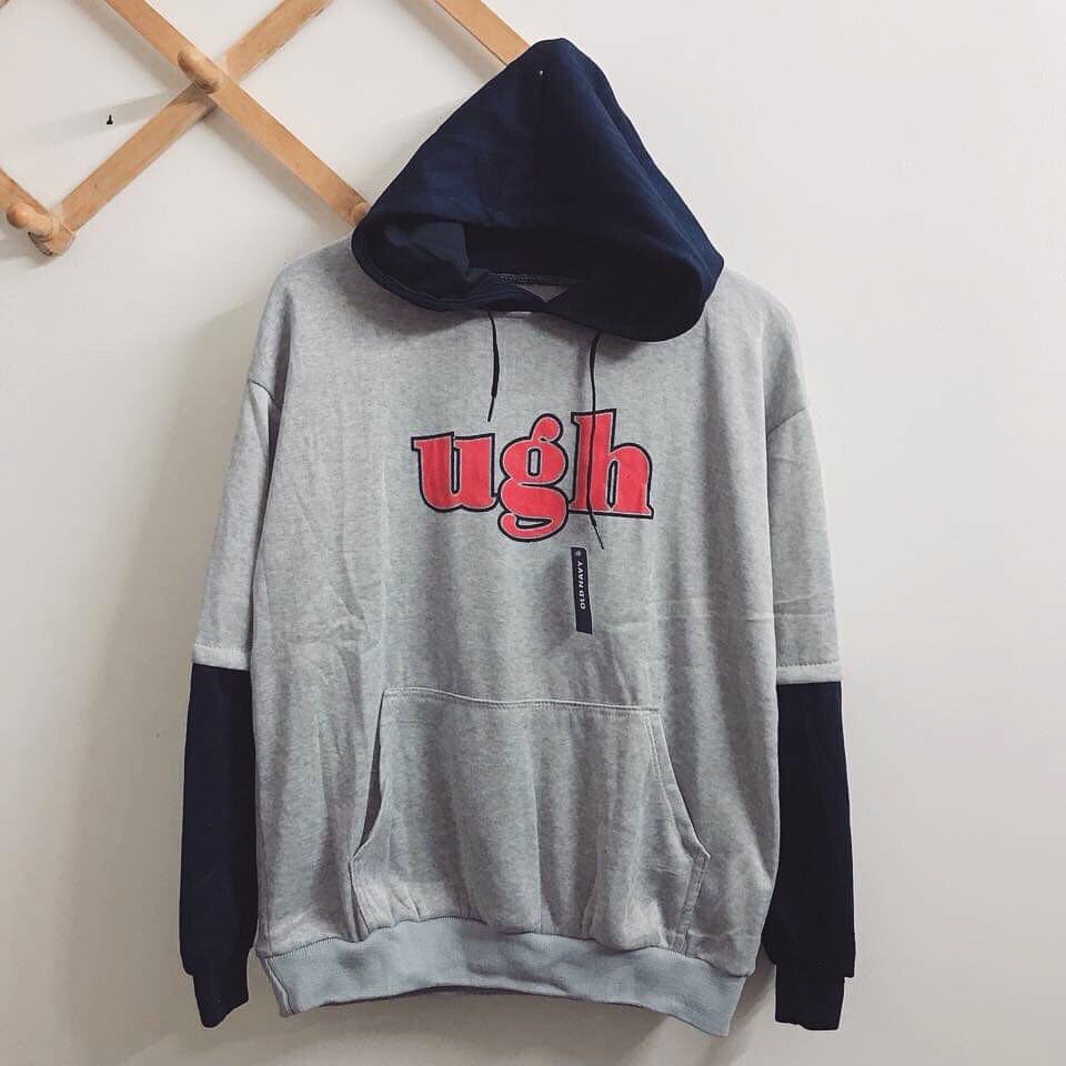 Áo hoodie nỉ xám phối tay xanh đen chữ ugh kèm ảnh thật tay dài form rộng