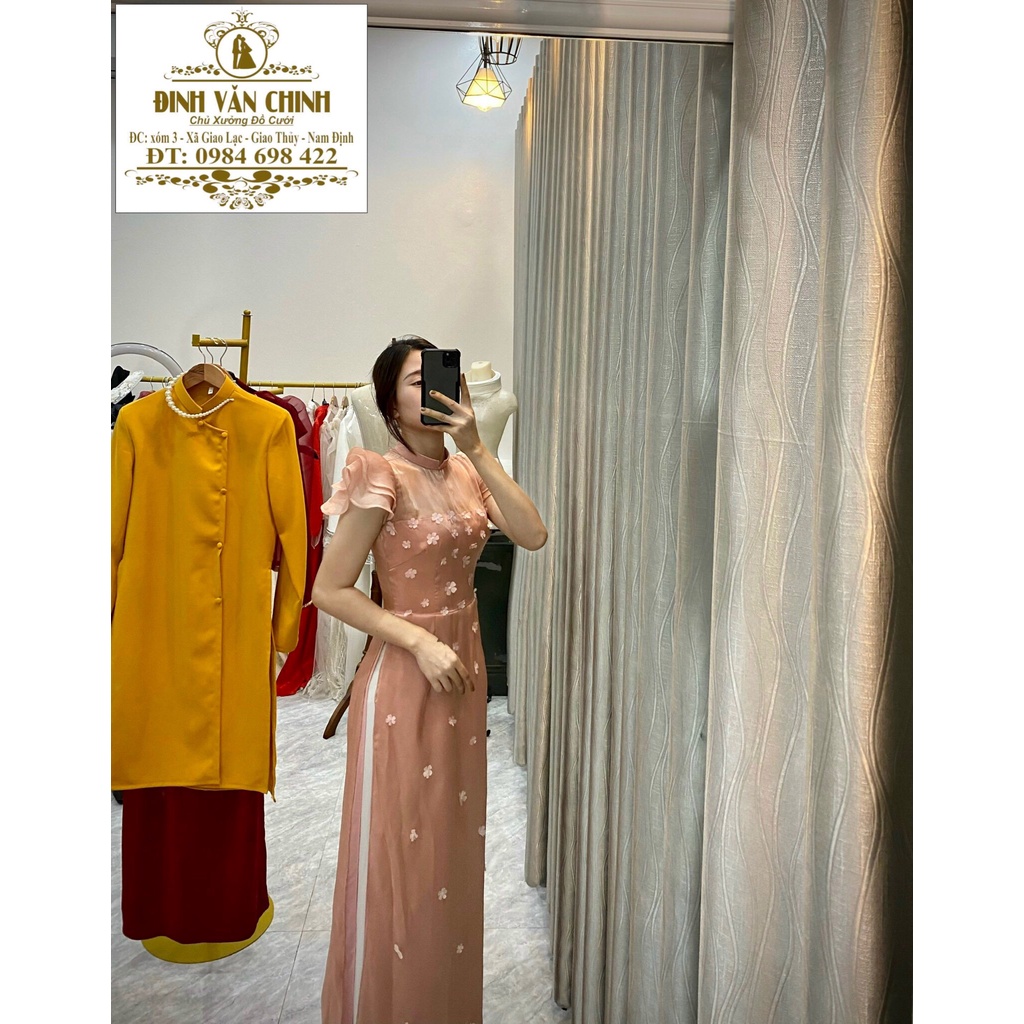 Áo dài tơ óng lót lụa 4 tà thiết kế cao cấp _ADTO003 tông hồng quý phái