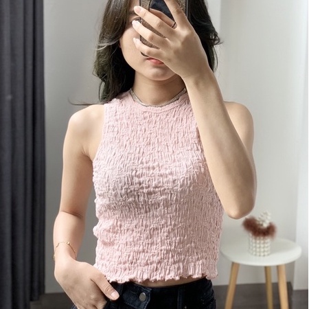 Áo ba lỗ nữ croptop dáng ôm body chất xốp nhăn co dãn 4 chiều hàng Quảng Châu cao cấp