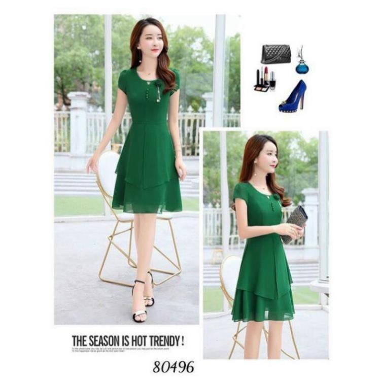 < size M, L, XL > Đầm nữ dáng xòe Chất chiffon 2 lớp cao cấp, thiết kế chuẩn dáng, kết hoa vải gắn ngọc  ཾ