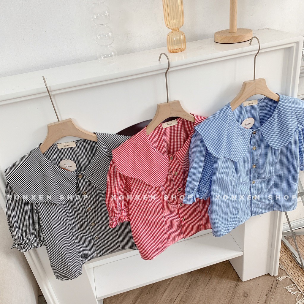 Áo kiểu caro cổ bèo chất vải mềm mịn lên form chuẩn Xonxen shop free size 76