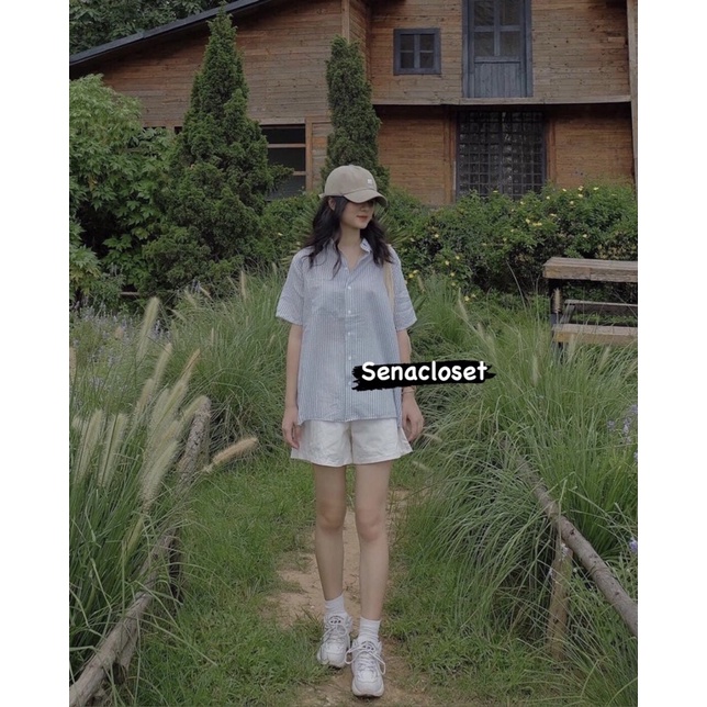 Full set sơmi kẻ xẻ tà sau chất xốp quần short trăng ( Ảnh thật )