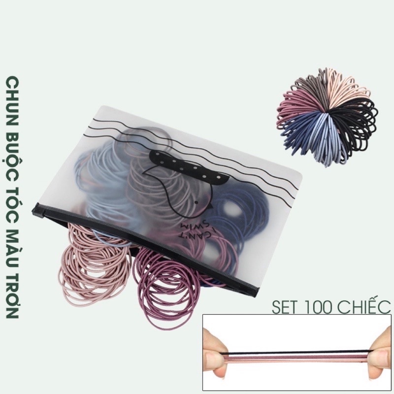 COMBO  100 chun buộc tóc kèm túi Zip - thun cột tóc trơn nhiều màu cho bạn gái