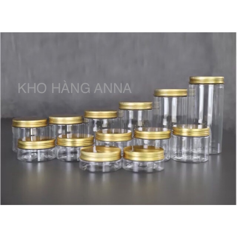 HỦ NHỰA NẮP VÀNG / BẠC ( Đủ kích cỡ) - Hủ Pet Trong suốt nắp nhôm thiếc 50g/ 100g/ 200g/ 250g/ 300g/ 500g/ 750g/ 1kg