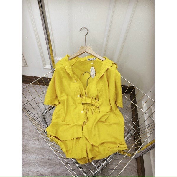 set 3 món áo bra kèm áo sơ mi khoác quần short đùi chất đũi mềm k