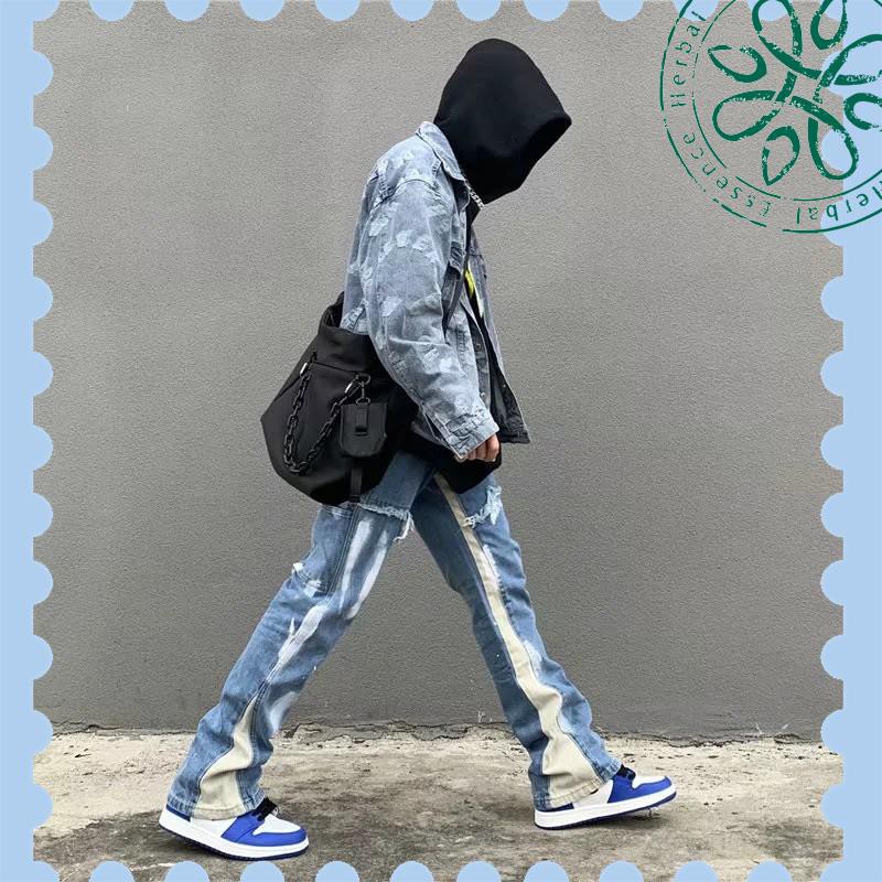 Quần Jeans Ống Loe Dáng Rộng Thoải Mái In Họa Tiết Vẽ Tay Phong Cách Đường Phố Thời Trang Unisex Cỡ S-4XL