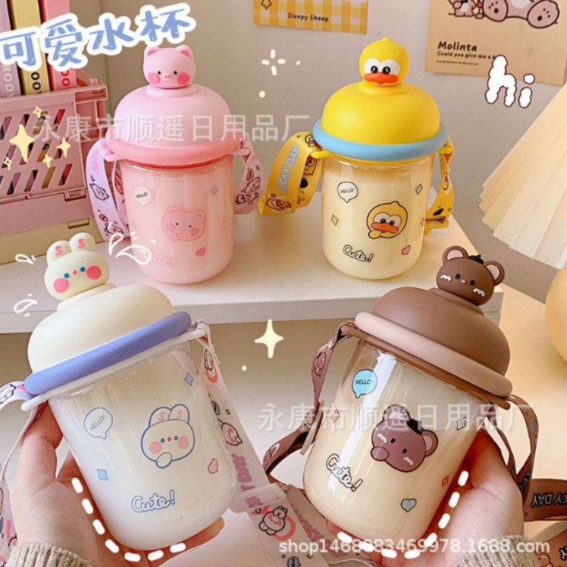 Bình nước hình thú kute nhiều hình kèm dây đeo 435ml dùng trong văn phòng đi chơi MIIBOOSHI D2.087.TR