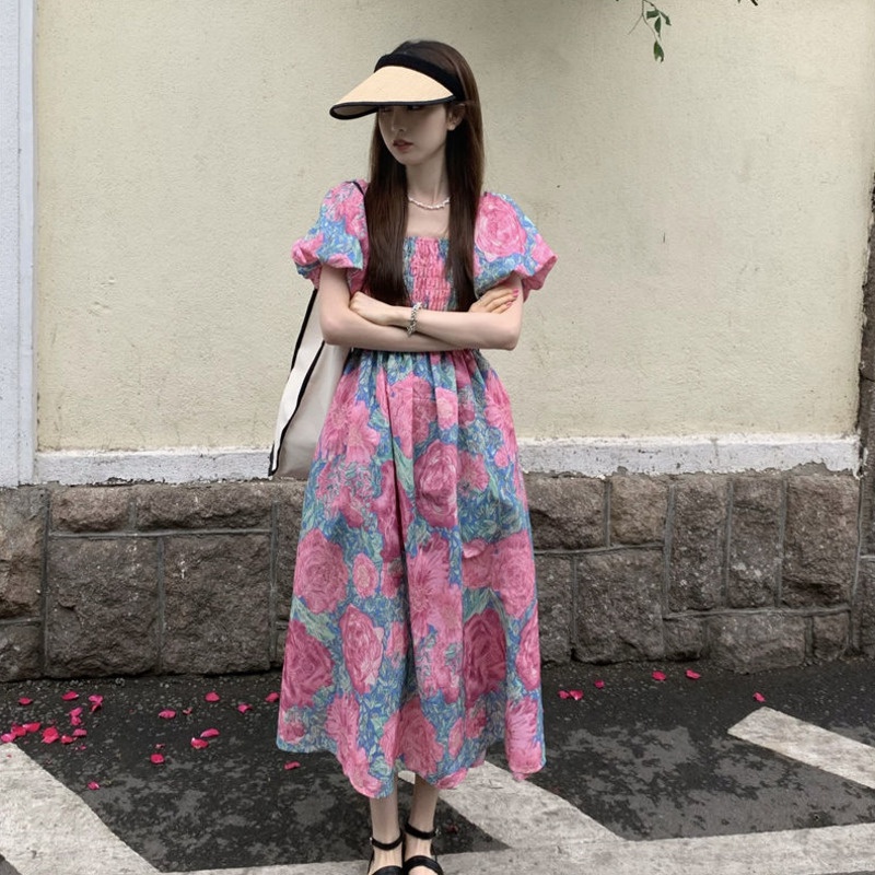 Đầm Trễ Vai Tay Ngắn Cổ Vuông In Hoa Thời Trang Cho Nữ
