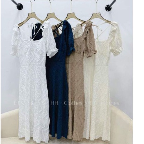 Váy xốp hoa nổi tay bồng dây chéo