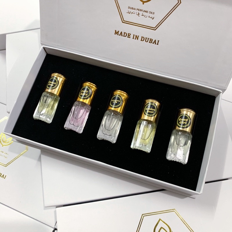 Set 5 chai tinh dầu nước hoa Dubai hàng chuẩn mùi hương đa dạng lưu hương lâu kèm hộp