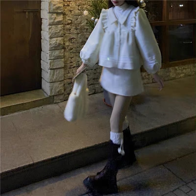 Set Áo Tay Dài Bồng Dáng Babydoll Cổ Bẻ Và Chân Váy Chữ A Xinh Xắn