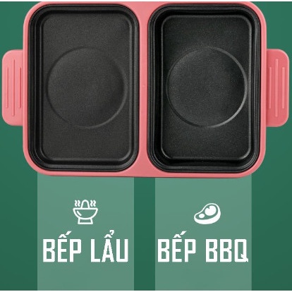Bếp lẩu nướng 2 trong 1 mini SHANBAN , 2 ngăn chống dính, đa năng, siêu tiện lợi