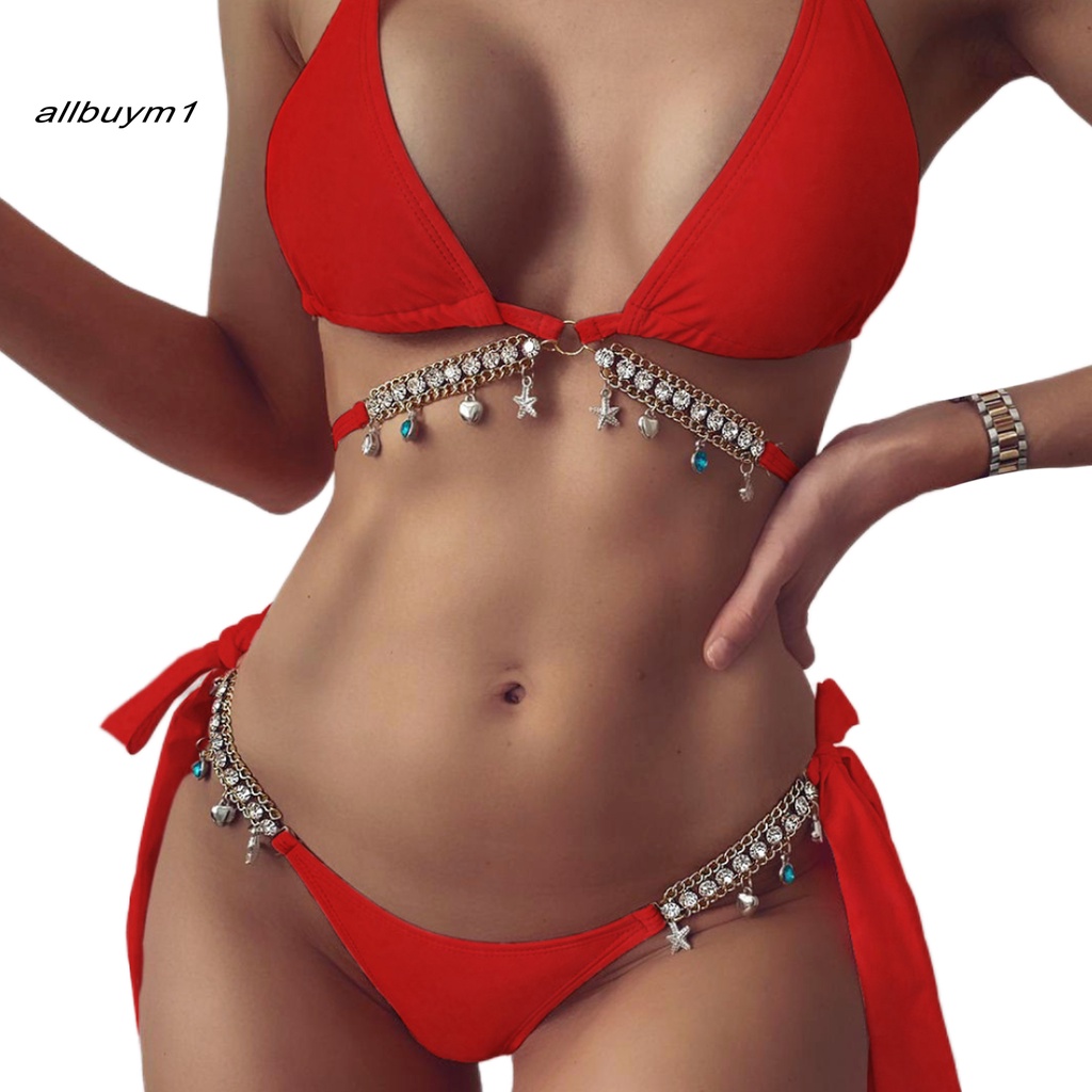 Set đồ bơi bikini có đệm ngực đính đá pha lê nhân tạo cho nữ khi đi bãi biển