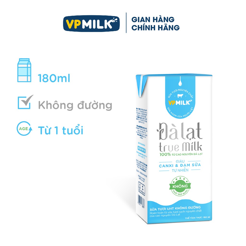 [6 lốc 180ml không đường] Sữa Tươi Đà Lạt True Milk