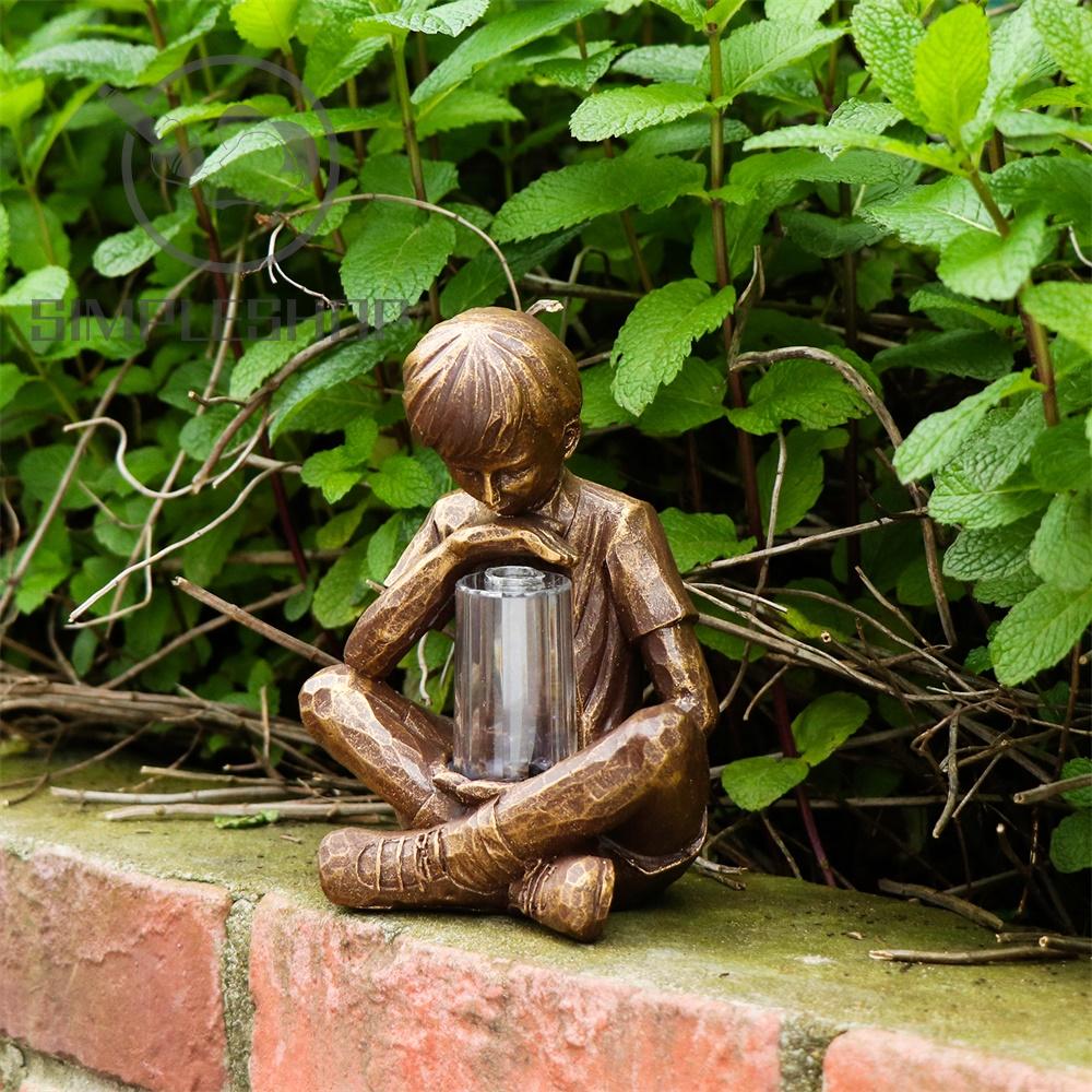 ❀SIMPLE❀ Gifts Resin Garden Boy Holiday Ornament Glimpses of God Boy with Fireflies LED Light Vintage Artistic Statue Festival Decoration Garden Lights Statue Sculpture with Light