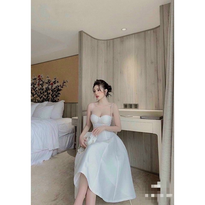 Váy đầm nữ dự tiệc sang trọng 2 dây dáng xoè cúp ngực tôn dáng đi tiệc sang trọng 2 màu