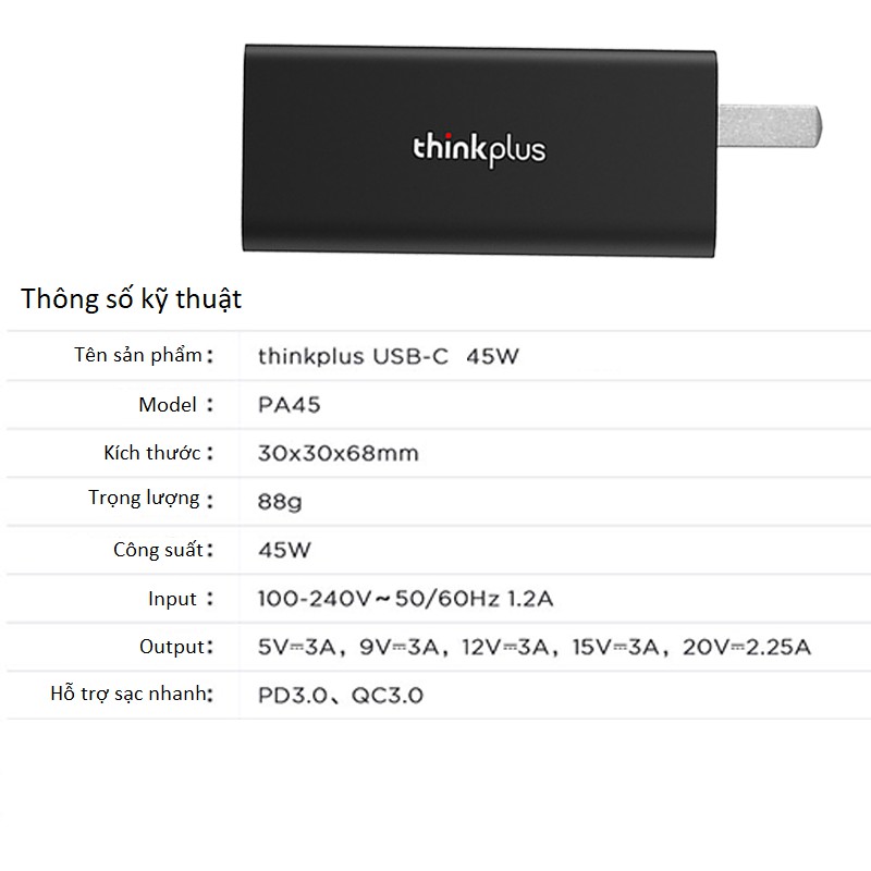 Củ sạc Thinkplus 45W-65W USB-C đa năng hỗ trợ sạc nhanh PD3.0 QC3.0 cho Mobile,Tablet, Laptop, Macbook, Surface