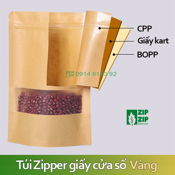 Túi zipper giấy karft cửa sổ Vàng