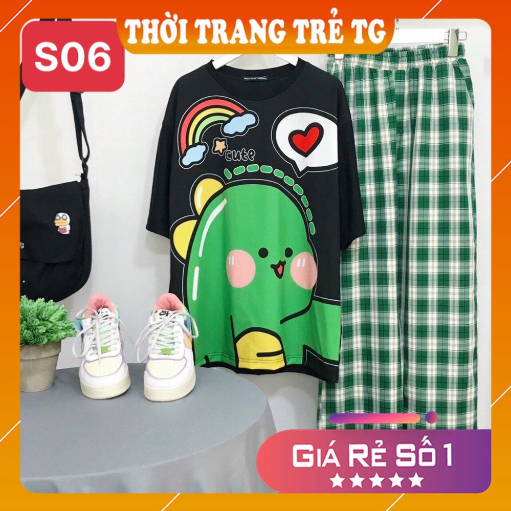 Đồ bộ nữ 𝑭𝒓𝒆𝒆𝒔𝒉𝒊𝒑 Set Đồ Bộ Quần Sọc Caro Ống Rộng S22 Hình Khủng Long Cute Freesize Form Rộng Cực Thoáng Má