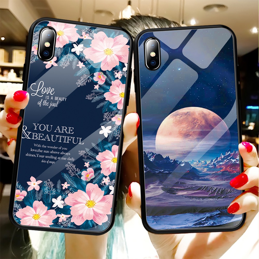 Ốp điện thoại mặt kính cường lực in họa tiết hoa/bầu trời cho iPhone X 8 8 Plus 7 6 6s XS Max XR