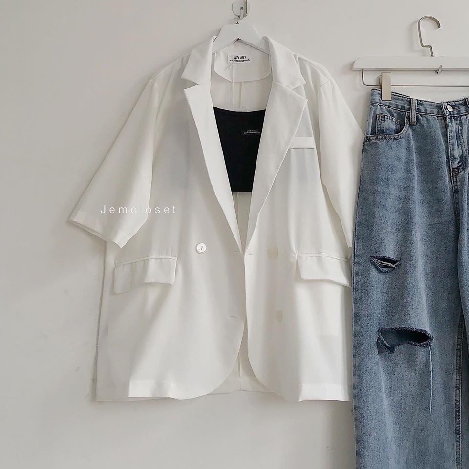 Áo Blazer Nữ 4 Loại Màu Trắng Tím Vàng Đen Áo Vest Tay Ngắn Form Rộng Có Nút Trước Phong Cách Lịch Sự Nữ Tính 1616