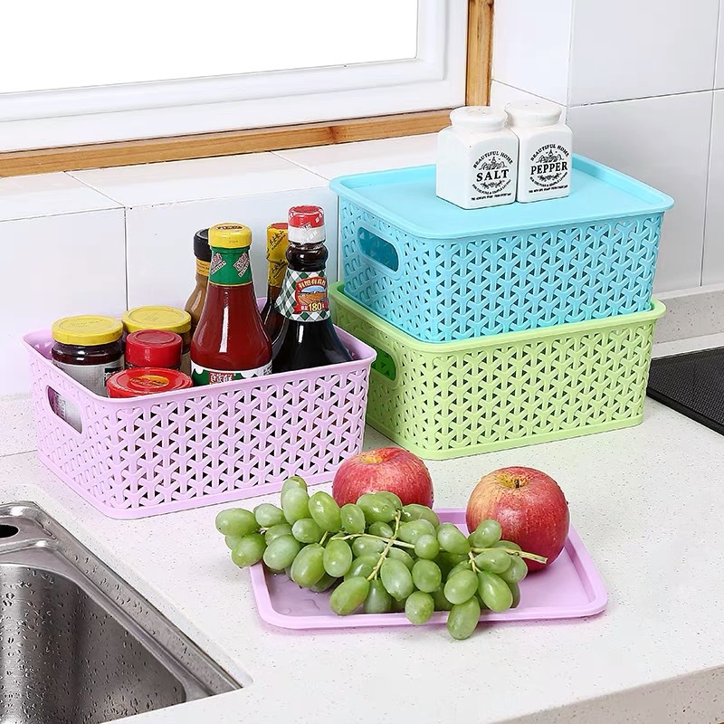 Giỏ Nhựa Đựng Đồ Dùng Có Tay Cầm Thiết Kế Đan Mây Thoáng Khí Tiện Dụng Cho Gia Đình