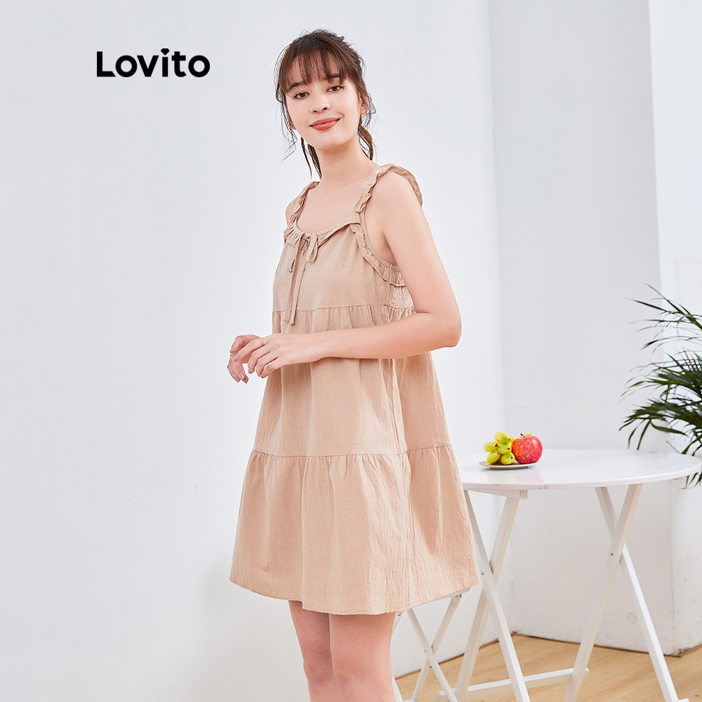 Đầm Mini Lovito Không Tay Hai Dây Dáng Chữ A Lai Diềm Xếp Nếp Màu Trơn Đơn Giản DRYOFSP1144 (Màu Nude)