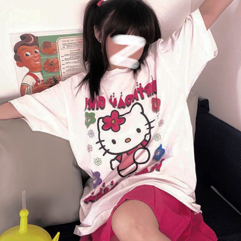 Áo Thun Trắng Tay Ngắn Dáng Rộng In Hình Hello Kitty Kiểu Nhật Hàn Dễ Thương Cho Nữ