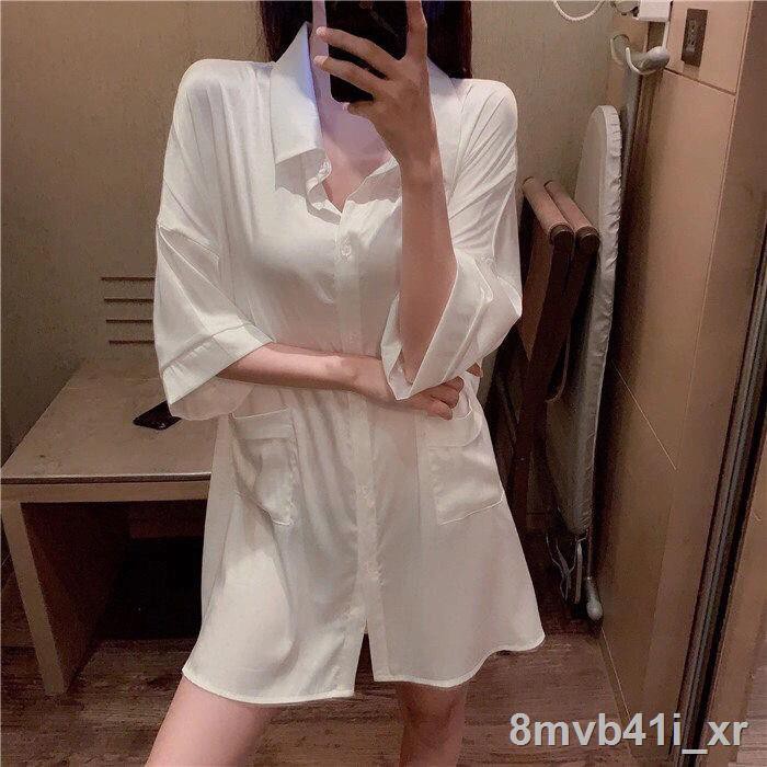 Váy ngủ lụa băng, áo sơ mi nữ tính, ngọt ngào, gợi cảm, pyjama, hợp thời trang, size lớn, kiểu dáng dài, có thể