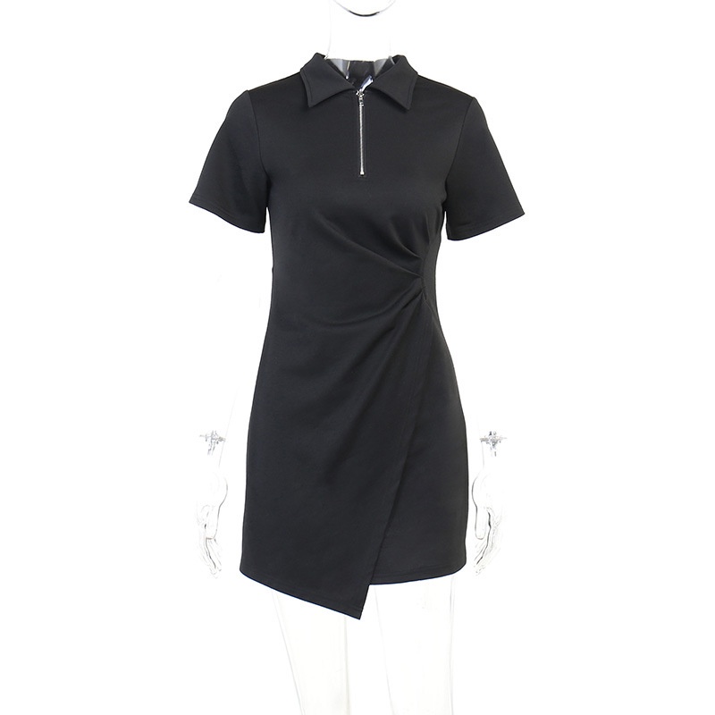 Đầm Ngắn Tay Cổ Polo Phối Khóa Kéo Lệch Cá Tính