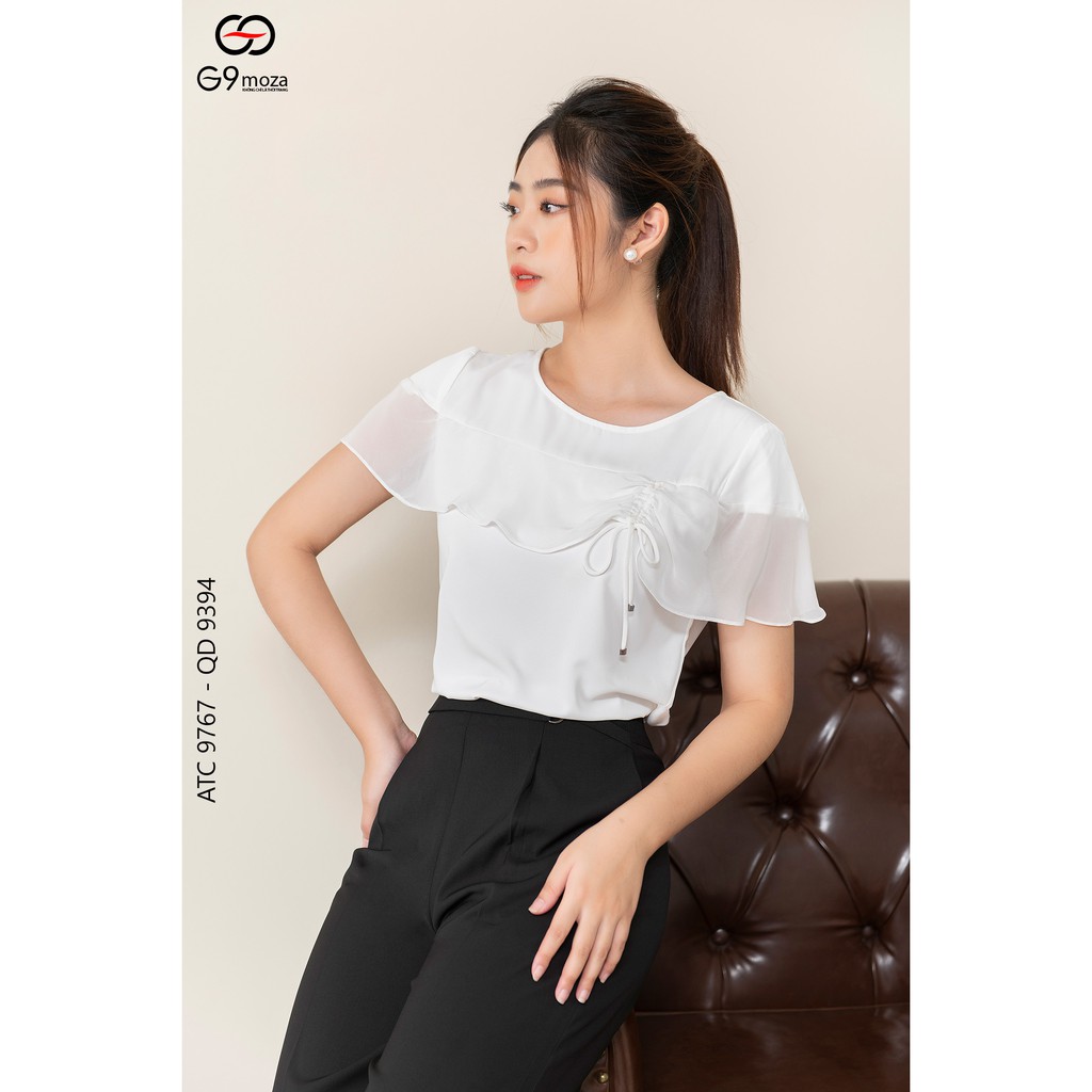 Áo sơ mi tay cộc trắng G9moza, chất lụa phối chifon tay áo mát mịn 9767
