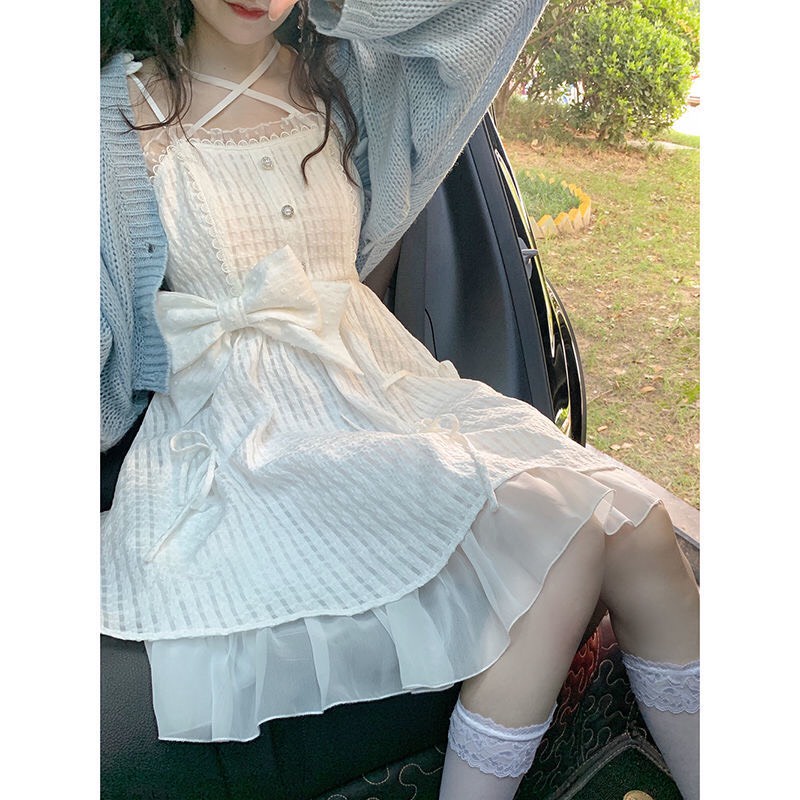 (Sẵn M,L) Set áo và váy hai dây tiểu thư phối nơ siêu xinhh (video tự quay) | BigBuy360 - bigbuy360.vn