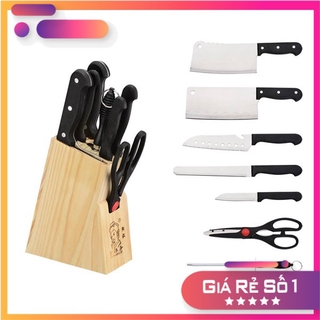 [FREESHIP] Bộ dao kéo nhà bếp đa năng 7 món kèm khay gỗ - Bộ dao làm bếp hợp kim inox