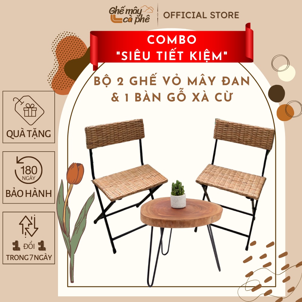(Combo siêu tiết kiệm) Bộ bàn ghế vỏ mây đan gấp gọn kết hợp bàn gỗ nguyên tấm, phù hợp làm quán Cafe / ban công / Homes
