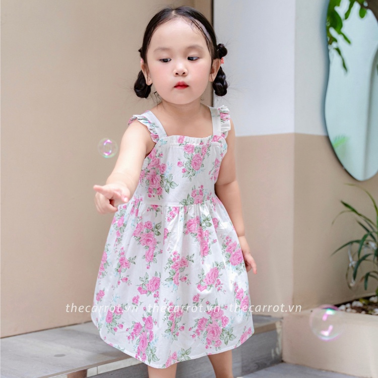 Váy Bé Gái Carrot Hai Dây Cánh Tiên, Họa Tiết Đoá Hồng Xinh Xắn, Chất Liệu Thô Cotton Thấm Hút Mồ Hôi Tốt