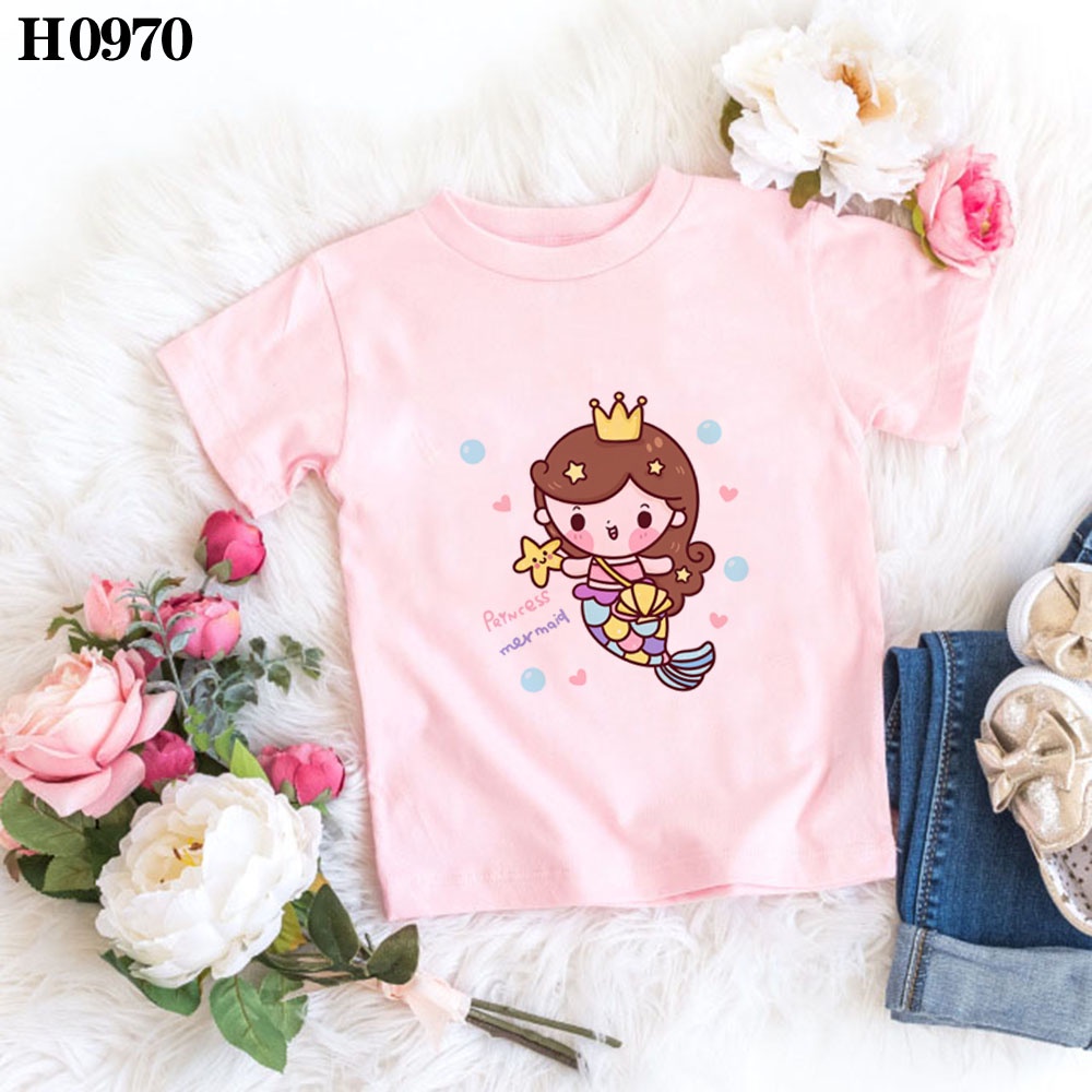 Áo Thun In Hoạt Hình Nàng Tiên Cá Dễ Thương Thời Trang Mùa Hè Cho Bé Gái