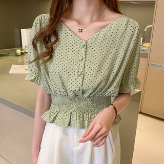 Áo Peplum Cổ Chữ V Tay Ngắn Họa Tiết Chấm Bi Thời Trang