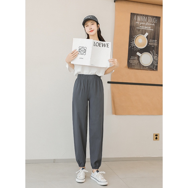 Quần đũi nữ ống rộng cạp chun bo gấu chất đũi xước mát nhẹ - Quần thể thao nữ dáng dài bom dây rút mặc ở nhà đi học gym