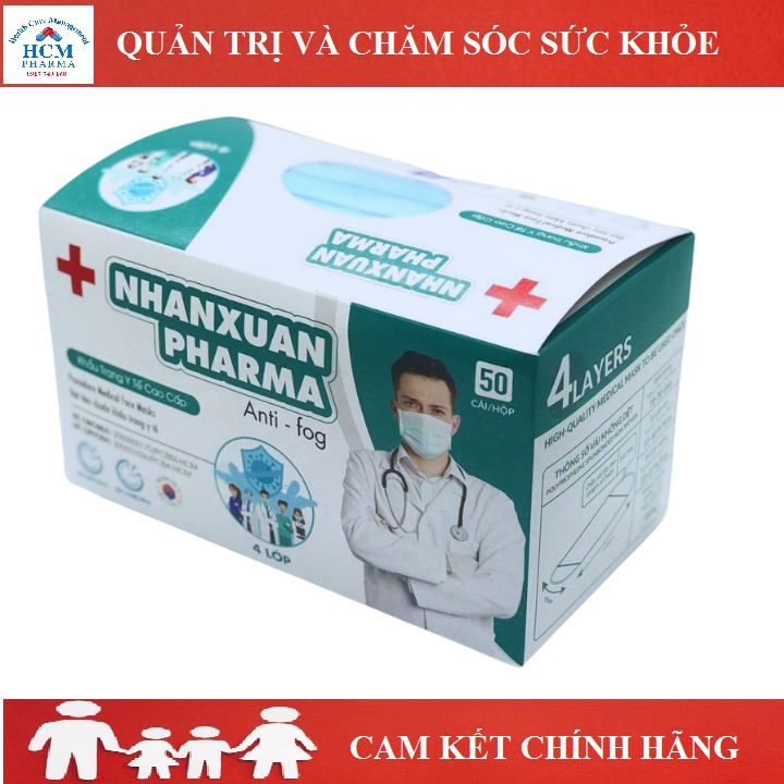 Khẩu trang y tế 4 lớp kháng khuẩn cao cấp Nhân Xuân màu trắng xanh xám hồng HCM07 túi 10 cái hộp 50 cái