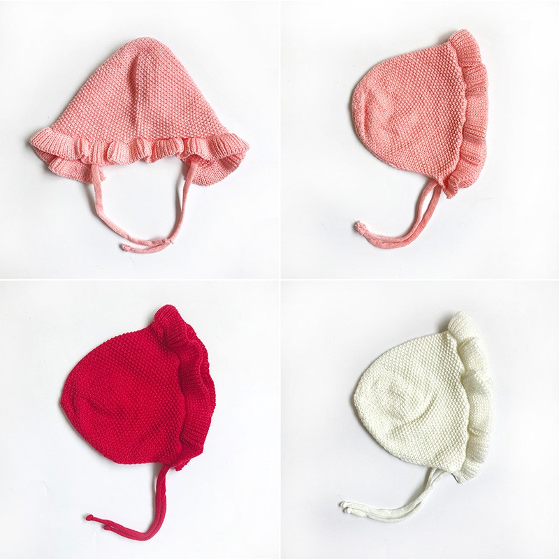 Mũ đan len màu trơn có dây cột xinh xắn cho bé