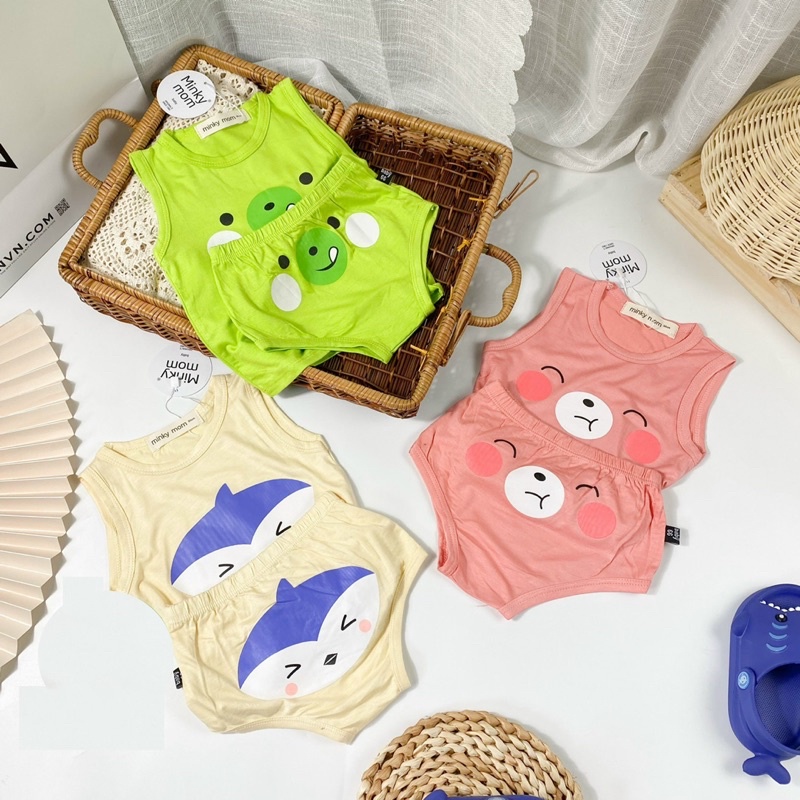 Bộ ba lỗ quần chip thun lạnh Minky Mom in họa tiết đáng yêu cho bé trai bé gái từ 4-15kg mặc ở nhà - Riokids BL4