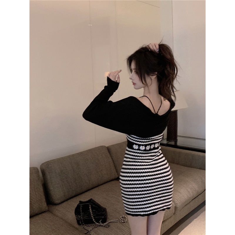 Cocory vn Đầm Dệt Kim Hai Dây Hở Vai Kẻ Sọc Thời Trang Retro Quyến Rũ Cho Nữ