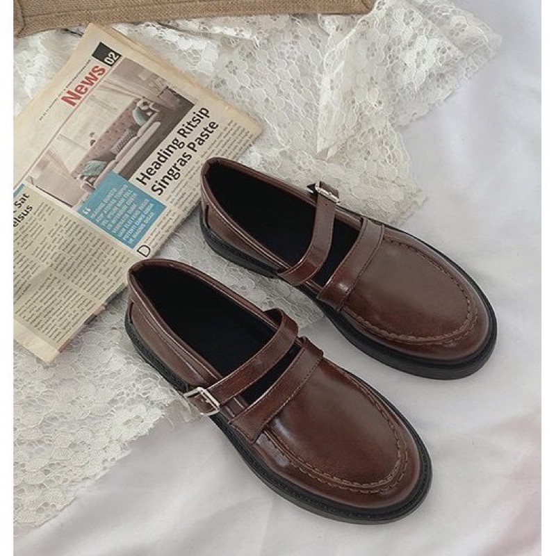 Giày ulzzang oxford vintage  da lỳ có dây vuông cho nữ phong cách hàn quốc trẻ năng động